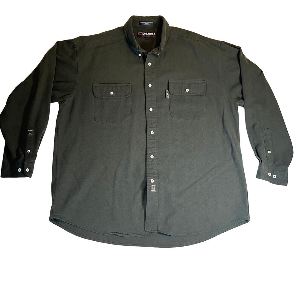 FUBU The Collection Sport Button Down Shirt Men's XL Green Heavy Polynosic Blend